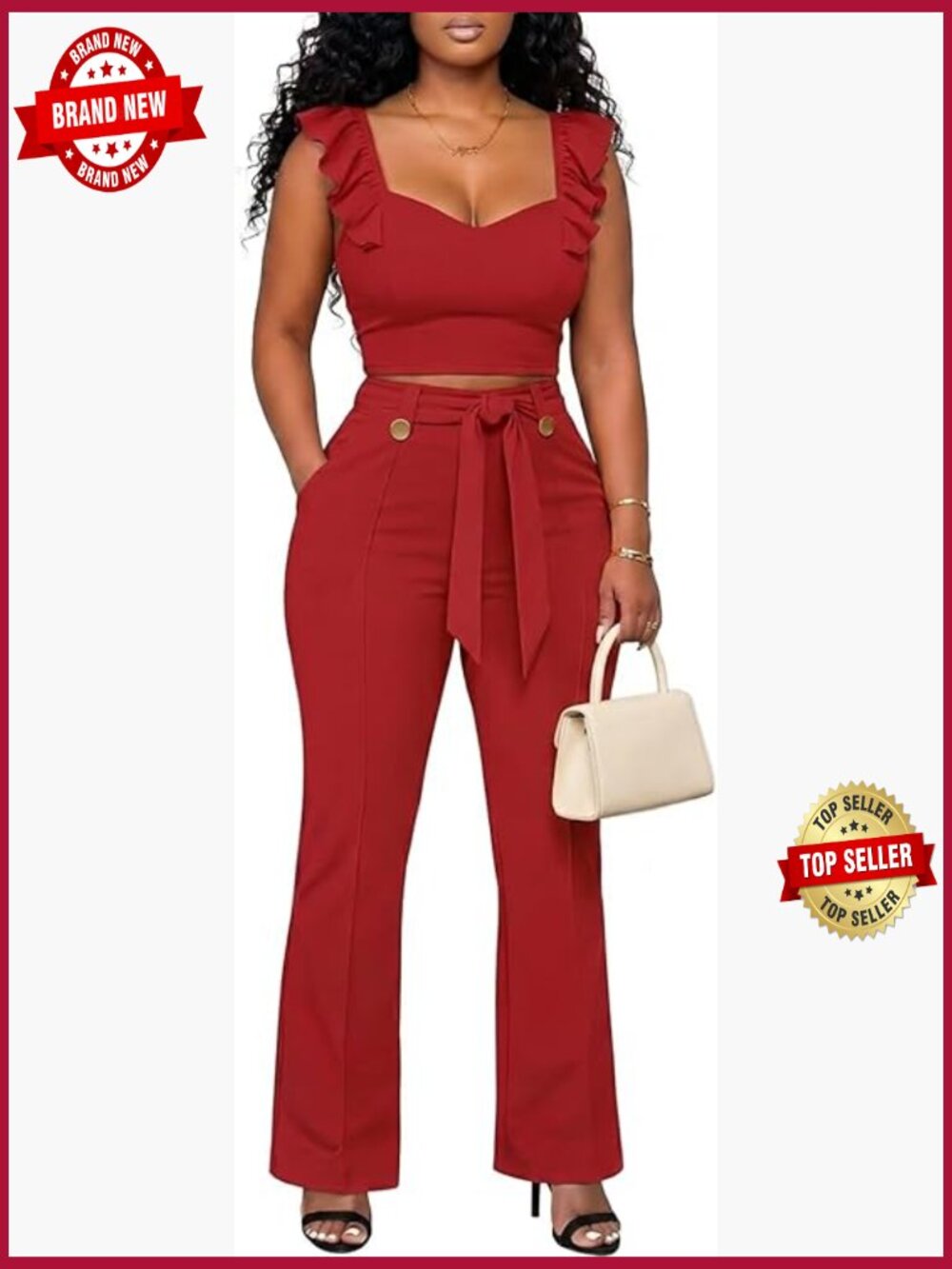 Sweetheart Neck Crop Top & High Waist Pants Set 2 Piece Outfit